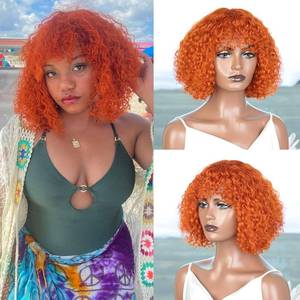 lot 285 image: JOEDIR HAIR Ginger Orange Short Curly Wig with Bangs 12 inch Water Wave Human Hair Wig for Black Women Jerry Curl Bob Wig 150% Density Glueless Wig (Color ORANGE) - Retail $9,141