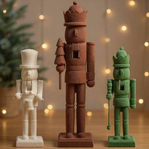 lot 321 image: Chunful 3 Pcs Flocked Neutral Christmas Nutcracker Figure 15 Inch and 10 Inch Brown Green Velvet Wooden Nutcracker Soldier Christmas Decoration for Table Desktop Fireplace Home Decor - Retail $21,665