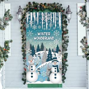 lot 349 image: HunnmingRe Winter Snowman Door Cover Winter Wonderland Snowman Blue Welcome Banner Photography Background Backdrop for Office Front Porch Home Refrigerator Wall Window Decor - Retail $10