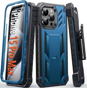lot 404 image: FNTCASE for iPhone 15-Pro-Max Phone Case 6.7, Built-in Screen Protector & Kickstand & Belt-Clip Heavy Duty Military Grade Shockproof Protection Rugged Case - Blue - Retail $24