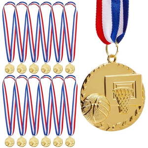 lot 408 image: Gold Basketball Medals - 12-Pack - Winner Medals for Sport Game  Kids  Awards  2 inches In Diameter with 31-Inch Ribbon - Retail $20