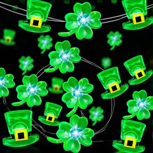 lot 480 image: 2 Pack St Patricks Day Decorations, Total 20FT 80LED Shamrocks Leprechaun Hat String Lights Timer Waterproof Lucky Clover Green Fairy Lights Battery Operated for St. Patricks Day Decor Bedroom Party - Retail $17