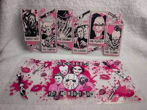 lot 1324 image: Horror Icon Tarot Card Sticker Set with Slasher Tumbler Wraps - 2 ct