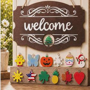 Interchangeable Seasonal Welcome Sign with Holiday Charms Set