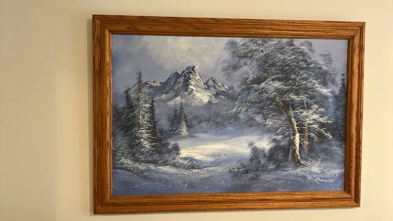 lot 703 image: Winter Mountain Landscape Oil Painting in Oak Frame