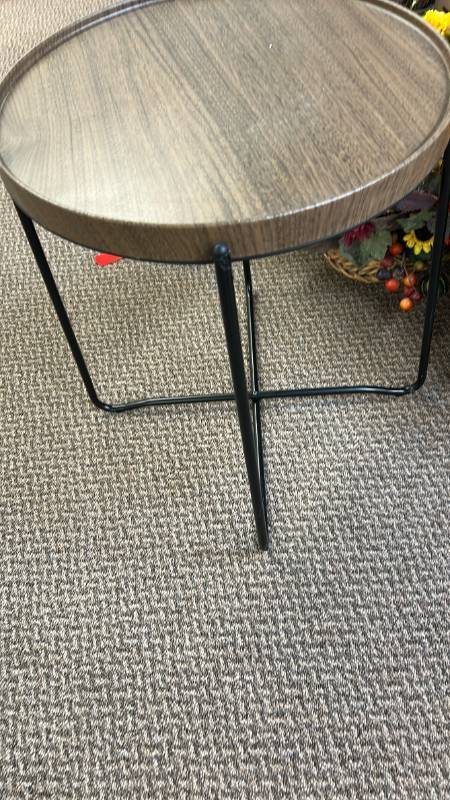 lot 739 image: Round Wood Top Side Table with Black Metal Base