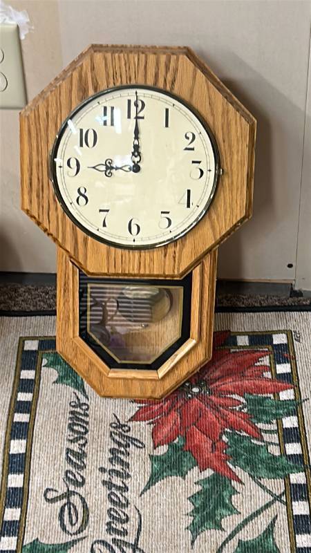 lot 758 image: Octagon Schoolhouse Wall Clock with Pendulum