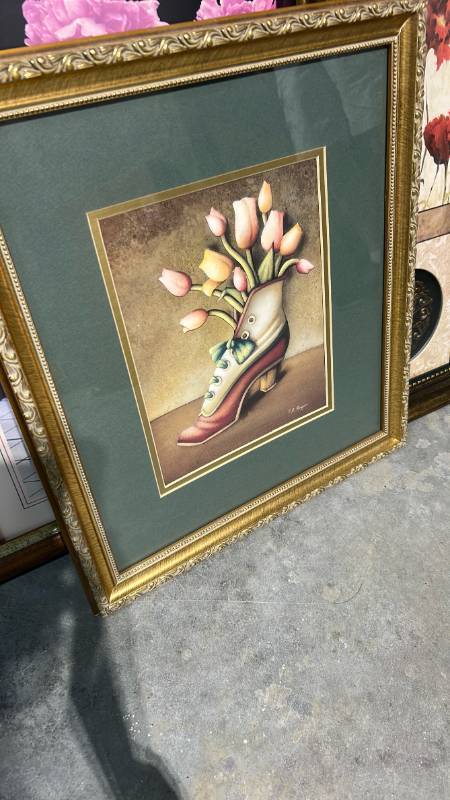 lot 818 image: Framed Still Life Print - Shoe with Tulips