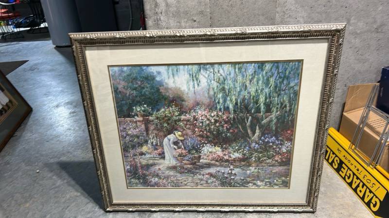 lot 821 image: Framed Garden Scene Print with Woman in Hat