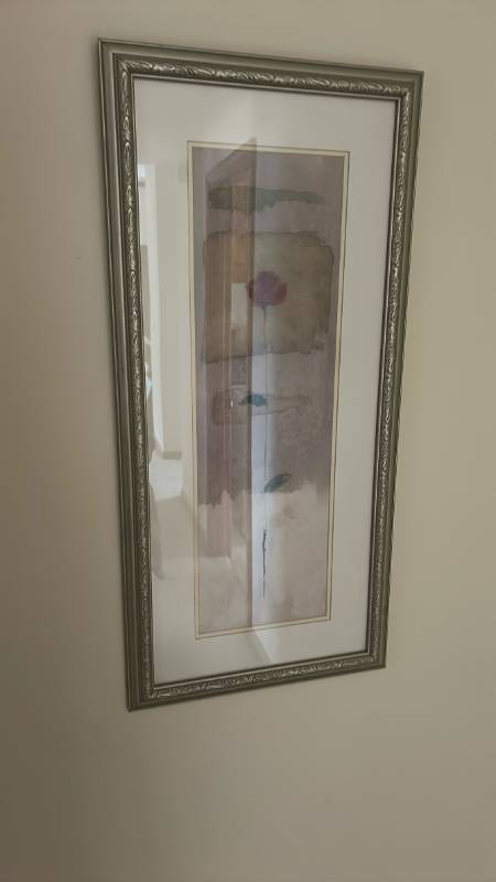 lot 838 image: Framed Abstract Floral Print with Decorative Silver Frame