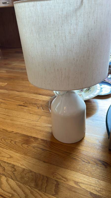 lot 884 image: Milk Glass Bottle Table Lamp with Fabric Shade