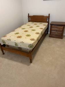 lot 222 image: MCM Twin Bed Frame with Mattress and Nightstand Set
