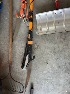 lot 227 image: Fiskars Extendable Pole Pruner Saw with Aluminum Snow Plow Blade and Garden Rake