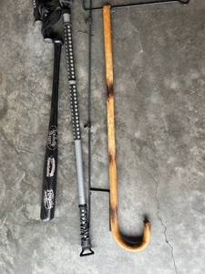 lot 229 image: Louisville Slugger Baseball Bat, Tactical Baton & Wooden Walking Cane Set