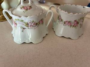 lot 243 image: Porcelain Sugar Bowl and Creamer Set with Pink Floral Design