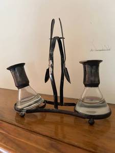 lot 258 image: Antique Oil and Vinegar Cruet Set with Metal Stand and Spoons