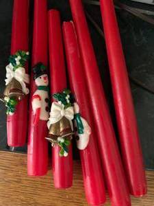 lot 260 image: MCM Red Christmas Taper Candles with Snowman and Bell Decorations