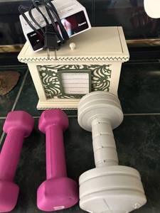 lot 262 image: Mixed Lot Dumbbells, Decorative Box, Digital Alarm Clock