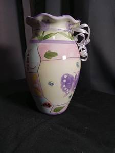 lot 5526 image: Hand-Painted Ceramic Pitcher with Floral and Butterfly Design