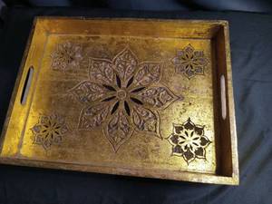 lot 5528 image: Handcrafted Golden Wood Serving Tray with Floral Design