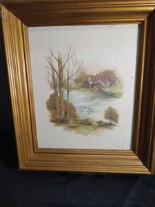 lot 5537 image: Framed Watercolor Countryside Lake Scene with Cottage and Swan