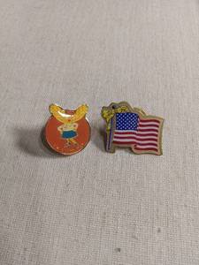 lot 50347 image: Enamel Lapel Pin Set - Firefly Character and American Flag with Yellow Bow