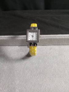 lot 50402 image: Womens Square Quartz Watch with Yellow Polka Dot Bangle Bracelet Band