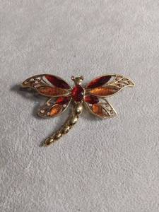 lot 50411 image: Gold-Tone Dragonfly Brooch with Red Enamel and Crystal Accents