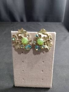 lot 50441 image: Gold-Tone Floral Clip-On Earrings with Green and Blue Rhinestones