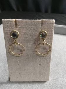 lot 50448 image: Gold-Tone Hammered Hoop Drop Earrings with Gray Cabochon Studs