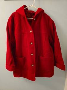 lot 50819 image: Stephanie Andrews Red Wool Hooded Coat with Gold Buttons size2x3x