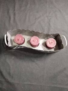 lot 6018 image: Decorative Metal Tray with Three Pillar Candles