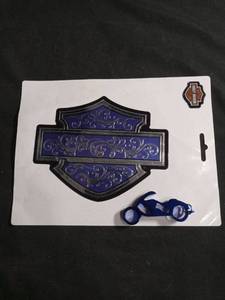 lot 6030 image: Harley-Davidson Bar & Shield Blue Filigree Emblem Decal Set with Motorcycle Bottle Opener Keychain