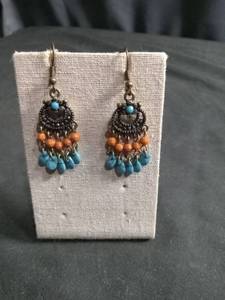 lot 6052 image: Boho Chandelier Dangle Earrings with Turquoise and Orange Beads