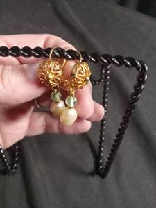 lot 6068 image: Gold Filigree Ball Drop Earrings with Pearl and Green Bead