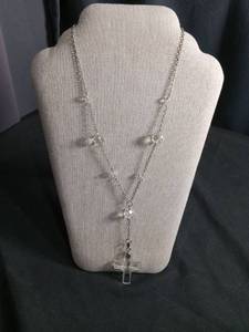 lot 6072 image: Silver-Tone Chain Necklace with Clear Crystal Beads and Cross Pendant