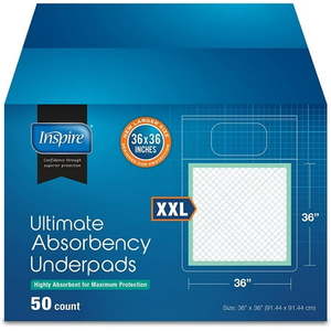 lot 8746 image: Inspire Extra Large Super Absorbent Bed Pads for Incontinence Disposable Underpad 36 x 36 Inches  Ultra Thick and Absorbent Chux Puppy Pads