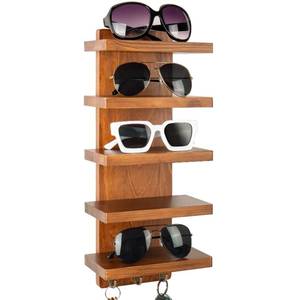 lot 8753 image: Waratah Designs Sunglasses Organizer, Wall Mounted 5-Tier Wood Eyeglasses and Sunglass Holder Rack, Eyewear Storage Display Shelf with Key Hooks for Entryway, Living Room, or Retail Showcase