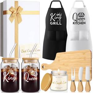lot 8763 image: Singhoow 12 Pcs Wedding Gifts for Couples King and Queen Glass Cups Aprons Charcuterie Board Candle Butter Knife Box for Newlywed Bridal Shower Engagement Anniversary His Her