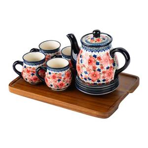 lot 8766 image: ONECCI polish pottery style porcelain ceramic 10 piece Tea set,7.2oz tea cup and sauce set of 4,28.2oz teapot and 1wooden tray (Snow and Plum)