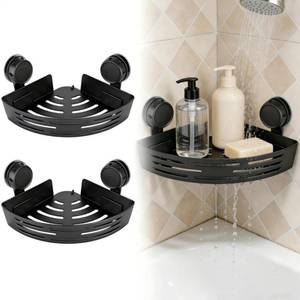 lot 8769 image: Triangle Suction Cup Corner Shower Shelf, 2026 New No Drill Bathroom Corner Shelf, Heavy-Duty Strong Hold Shower Storage Rack(Black Double-Layer)