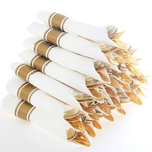 lot 8778 image: Supernal 30 Pack Pre Rolled Gold Plastic Silverware with Linen Feel Napkins, Heavy Duty Disposable Wrapped Cutlery Set for Weddings, Graduation Parties 2026, Upscale Catering & Events