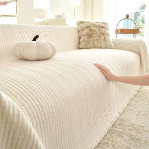 lot 8785 image: KaviKon Couch Covers for Dogs, Sofa Covers for 3-4 Cushion Couch, Plush Couch Blanket Cover Sectional Washable, Sofa Slipcover Protector, Slip Covers for Sofas High Weight Warm,Striped Cream,91 �150