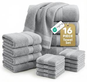 lot 8789 image: LANE LINEN 100% Cotton Turkish Towel Set for Bathroom - 16 Piece - Super Soft, Quick Dry & Highly Absorbent - 4 Bath, 8 Wash Cloths, 4 Hand Towels - Hotel Quality, Durable & Oeko-TEX Certified - Grey