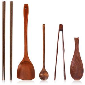 lot 8794 image: ZOOFOX 6 Pieces Wood Utensils Set, Nonstick Wood Kitchen Utensils with Japanese Style, Wooden Long Chopsticks, Spatula, Toaster Tong, Long Handle Spoon and Fish-shaped Rice Spoon for Cooking