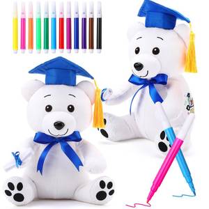 lot 8800 image: Zomiboo 2 pcs Graduation Autograph Stuffed Animal Gift 12 Inch Plush Bear with 12 Color Pen Graduation Party Gift Stuff for Her Him, Masters, College, White Smooth Fabric(Blue Hat)