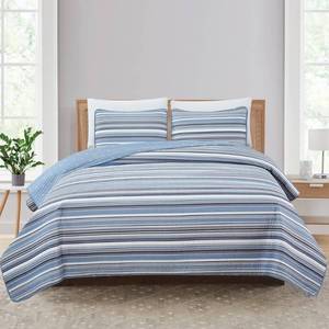 lot 8806 image: Market & Place 3 Piece Reversible Quilt Set with Shams  All-Season Soft & Lightweight Bedspread with Modern Striped Pattern  Elise Collection (FullQueen, BlueGrey)