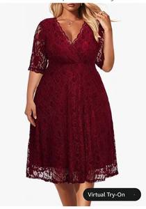 lot 8818 image: Womens Plus Size Wedding Guest Cocktail Party Semi Formal Lace Wrap V Neck Knee Length Dress Size 22W