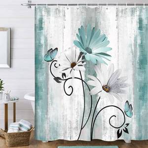 lot 8838 image: VeiVian Rustic Farmhouse Shower Curtain, Farm Teal Daisy Floral Flowers and Butterfly on Country Wooden Shower Curtain for Bathroom, Turquoise Blue Bathroom Shower Curtains with 12PCS Hooks, 70X84IN