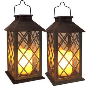 lot 8857 image: SHYMERY Solar Lanterns, Hanging Outdoor Lantern with Lasts 2X Longer LED Flickering Flameless Candles, Waterproof Outdoor Garden Lanterns Decorative for Patio, Porch,Deck, Yard, Table Decor 2 Pack
